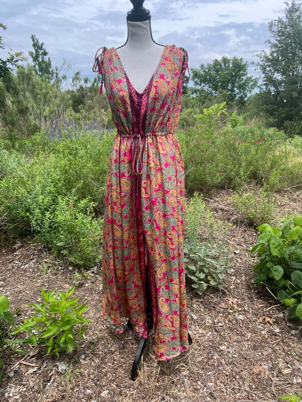 ME 2 Magic Pink Paisley V-Neck Maxi Dress with Tassels Size M
